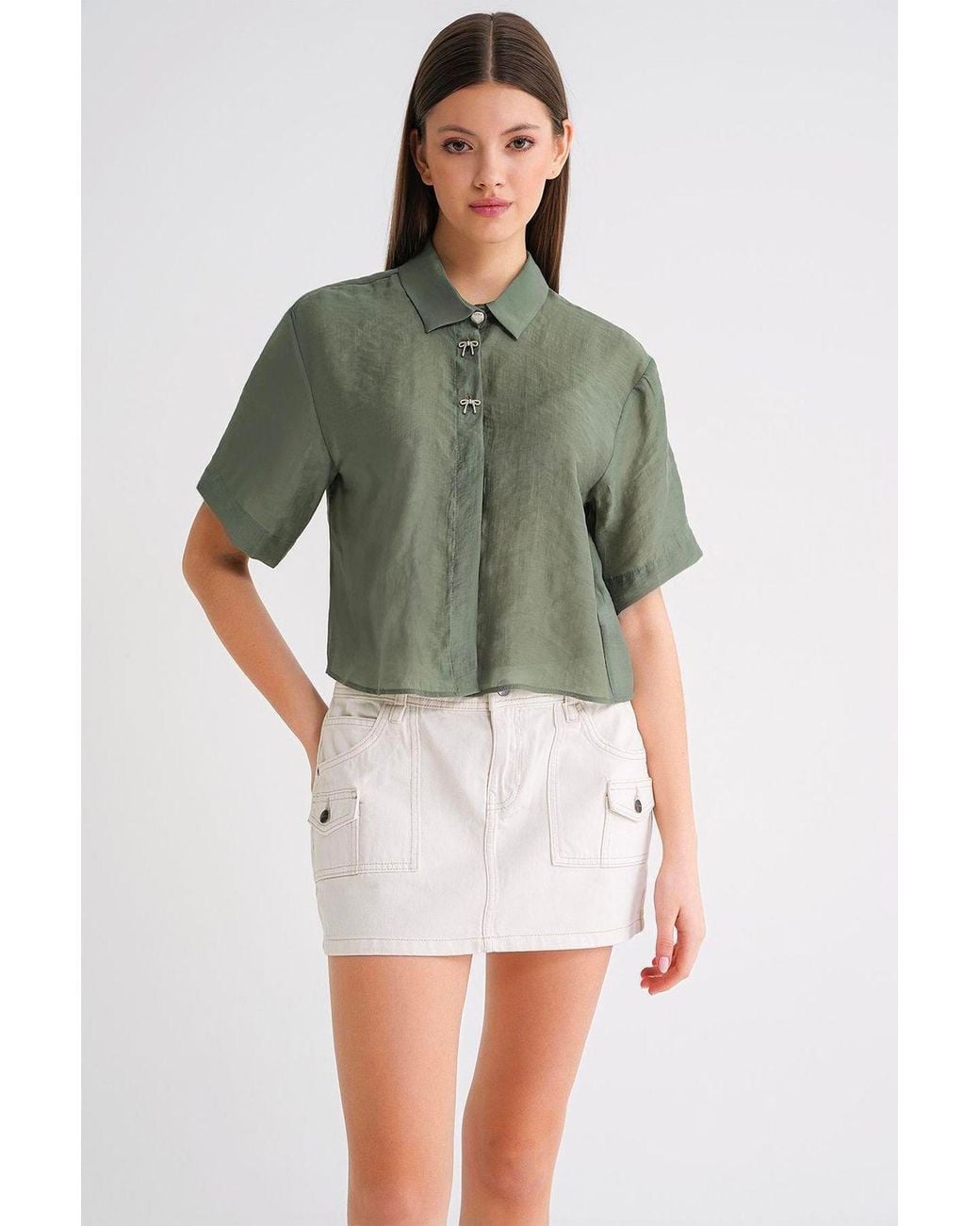 MixRay Green Short Sleeve Crop Shirt With Stone Accessories