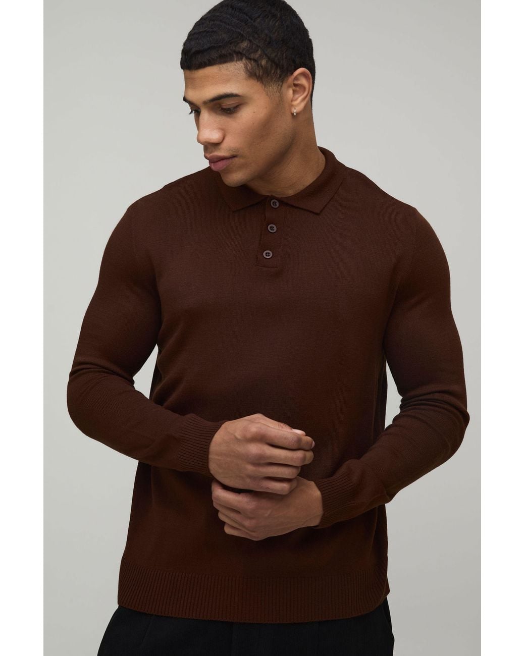 BoohooMAN Brown Regular Fit Button Up Knitted Long Sleeve Polo for men