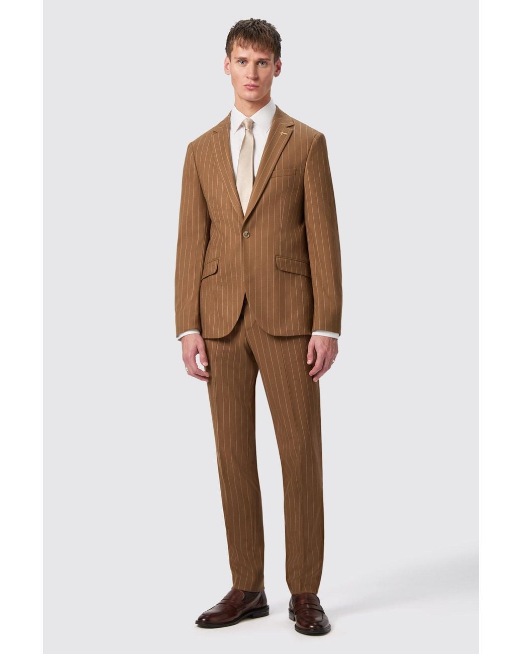 Shelby and Sons Brown Cuttel Slim Fit Pinstripe Trousers for men