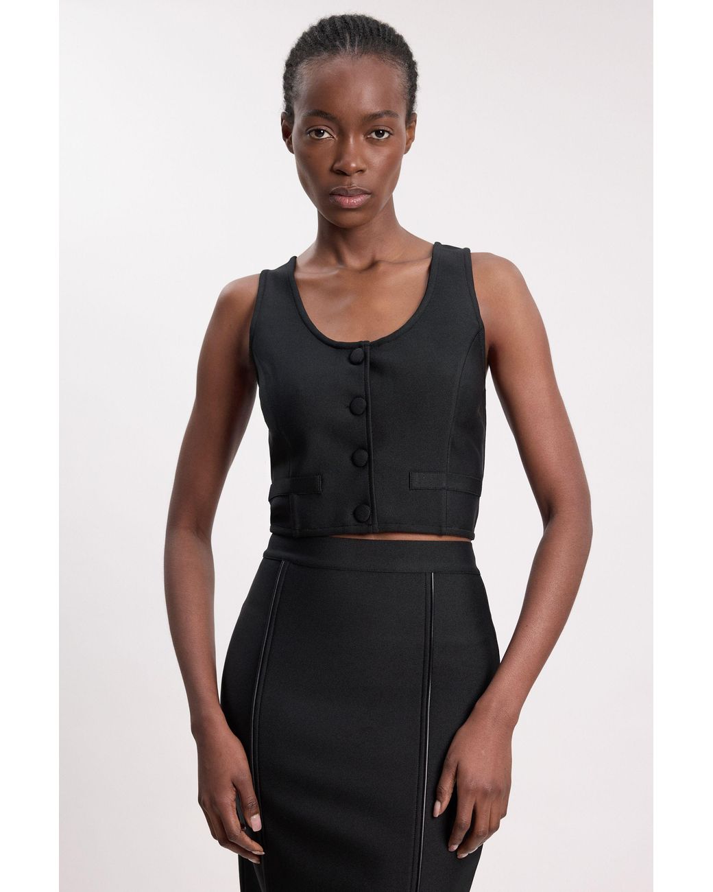 Karen Millen Black Bandage Button Detail Scoop Neck Top