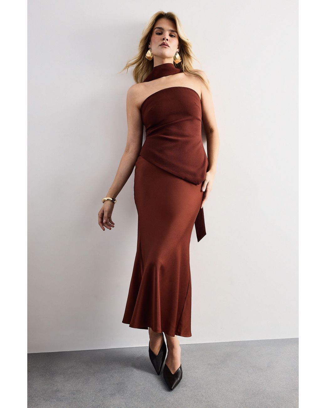 Warehouse Strapless Structured Bodice Satin Midi Dress