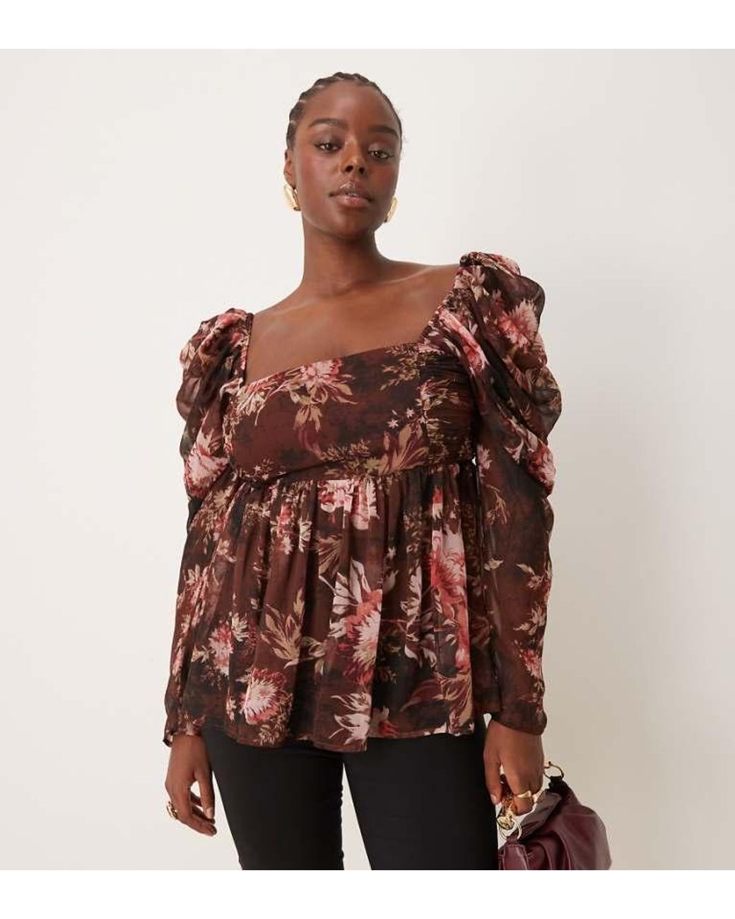 ASOS Brown Design Square Neck Floaty Chiffon Long Sleeve Top