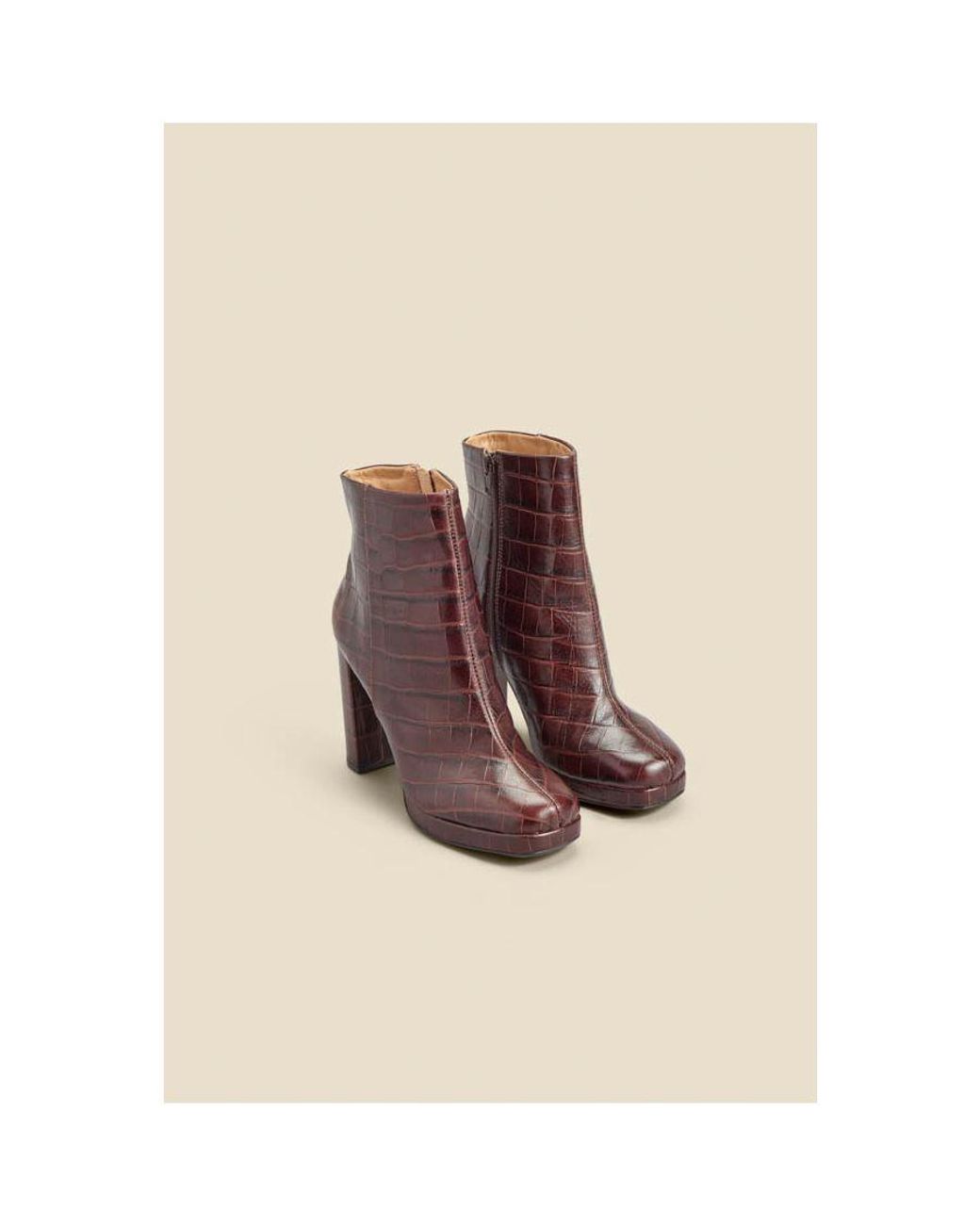 Sosandar Natural Chocolate Croc Leather Block Heel Platform Ankle Boot