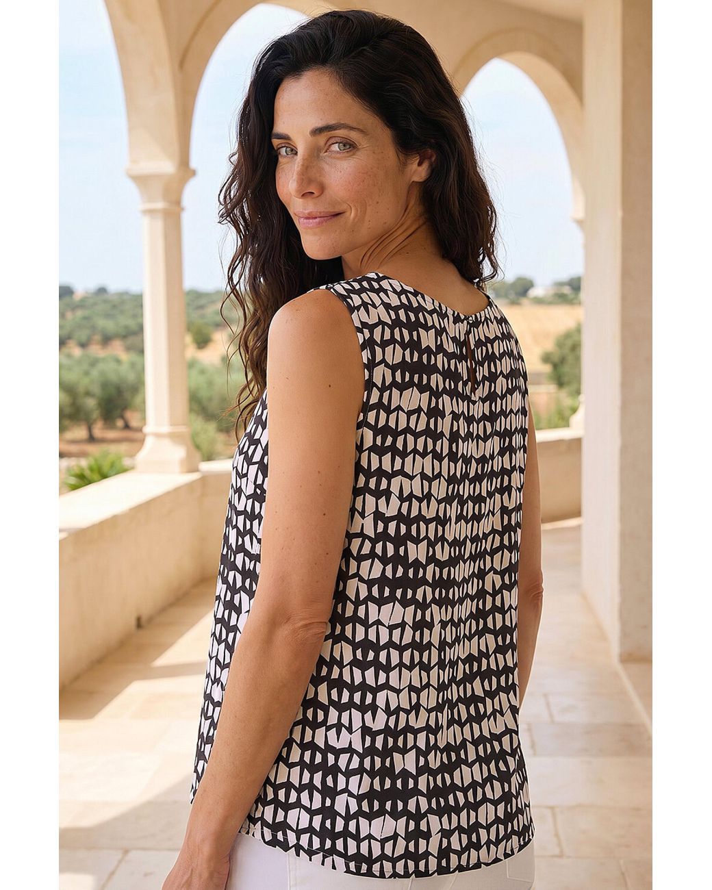 Roman Black Classic Geo Sleeveless Shell Top