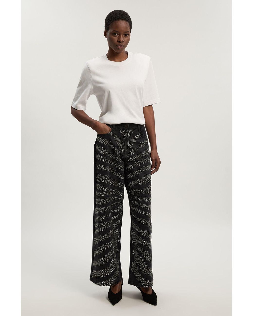 Karen Millen Black Denim Zebra Printed Hotfix Wide Leg Jeans