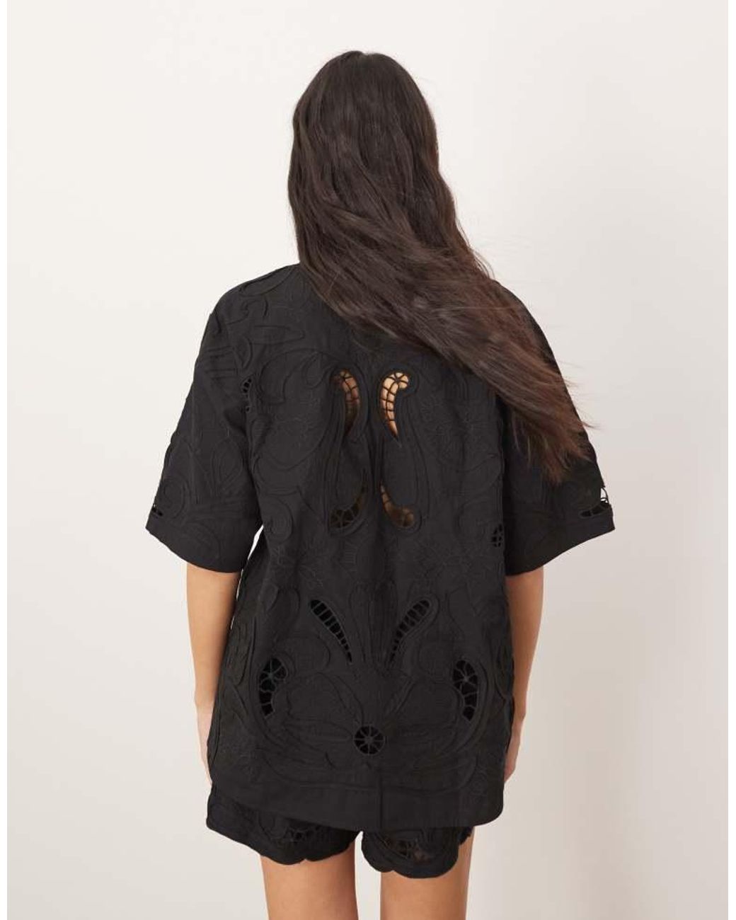 ARRANGE Black Cotton Cutwork Embroidered Short Sleeve Tie Front Shirt Co-Ord