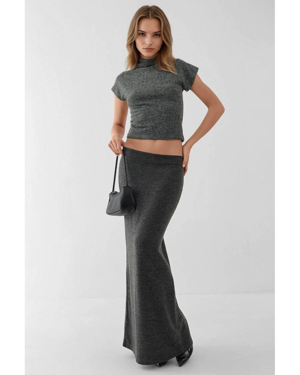 Hiccup Black Elastic Waist Soft Textured Skirt With Slit