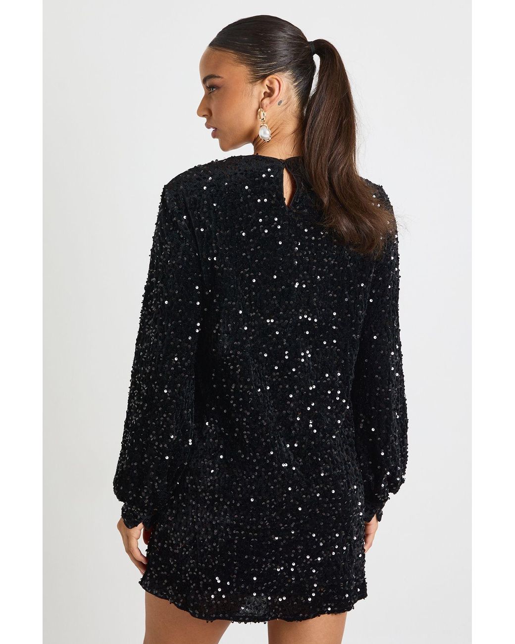Boohoo Black Sequin Blouson Sleeve Shift Party Dress