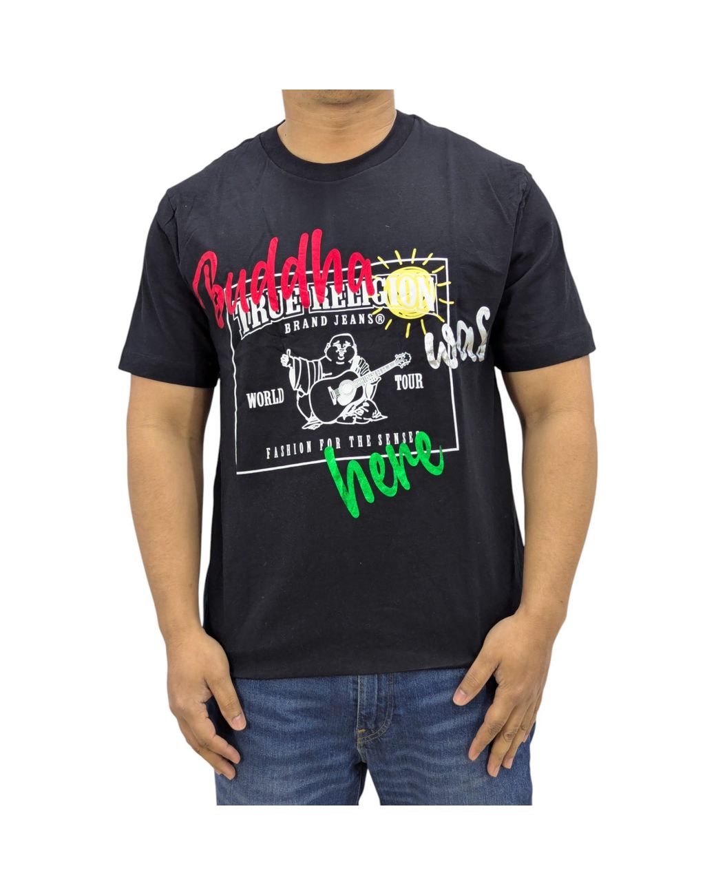 True Religion Black 108430 T Shirts Crew Neck Short Sleeve Buddha Was Here Tee for men