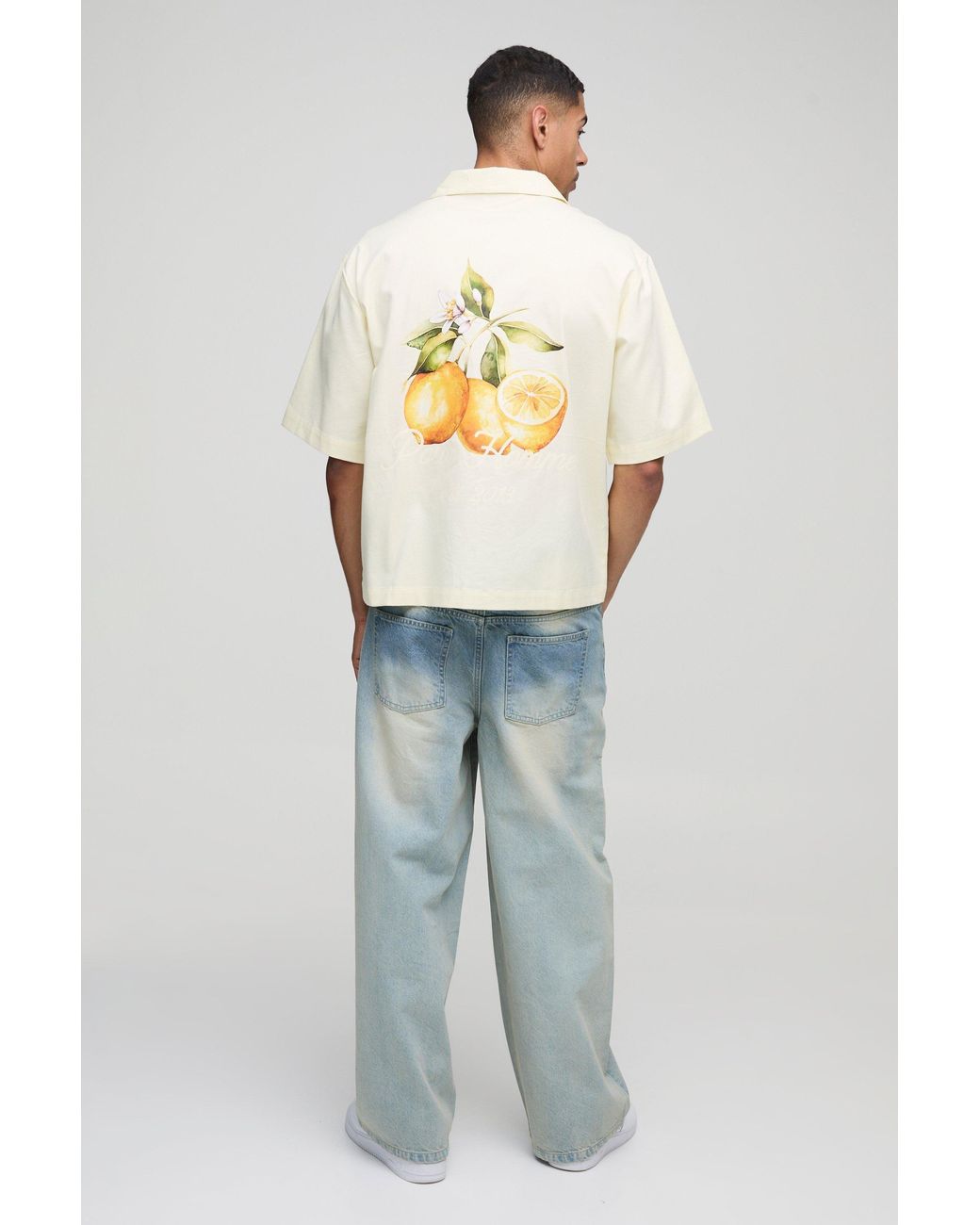 BoohooMAN Natural Oversized Lemon Printed Revere Shirt for men