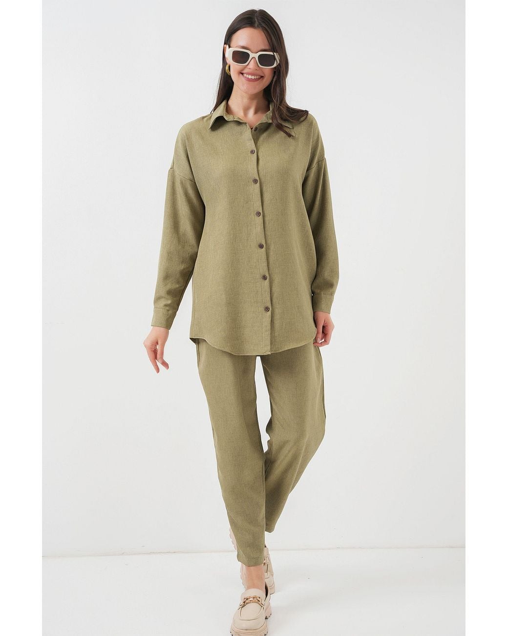 Bigdart Green Linen Blend Long Sleeve Shirt And Pants Co-Ord Set