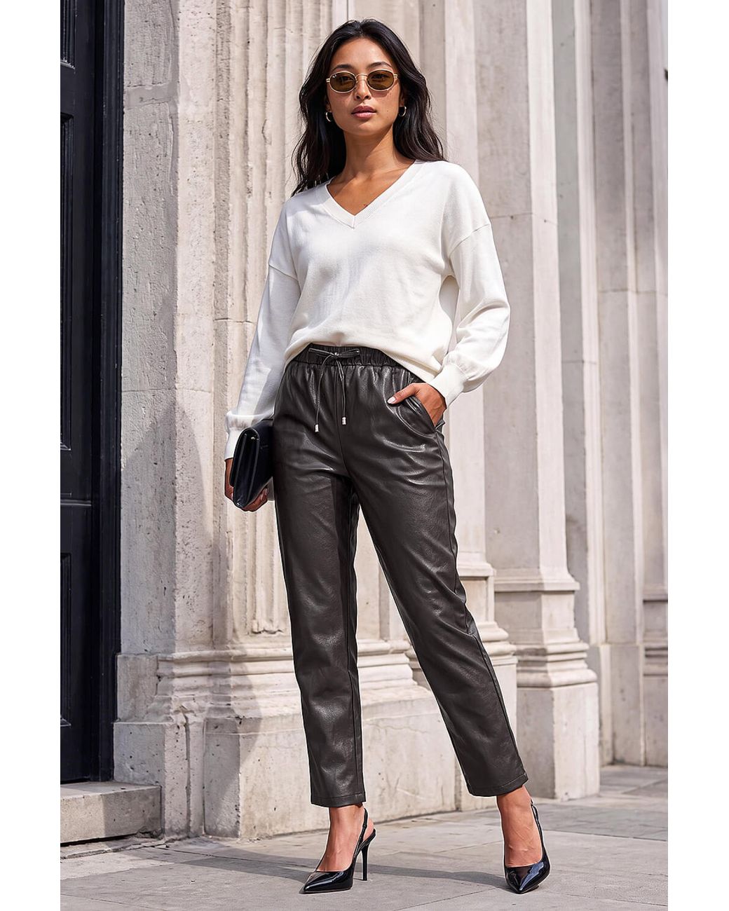 Roman Brown Petite Faux Leather Textured Drawstring Trouser