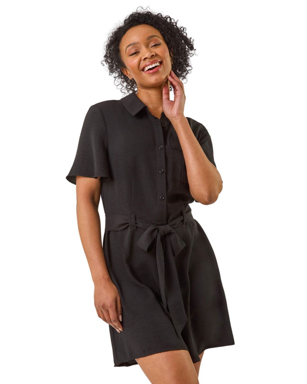 Roman Black Petite Button Front Tie Playsuit
