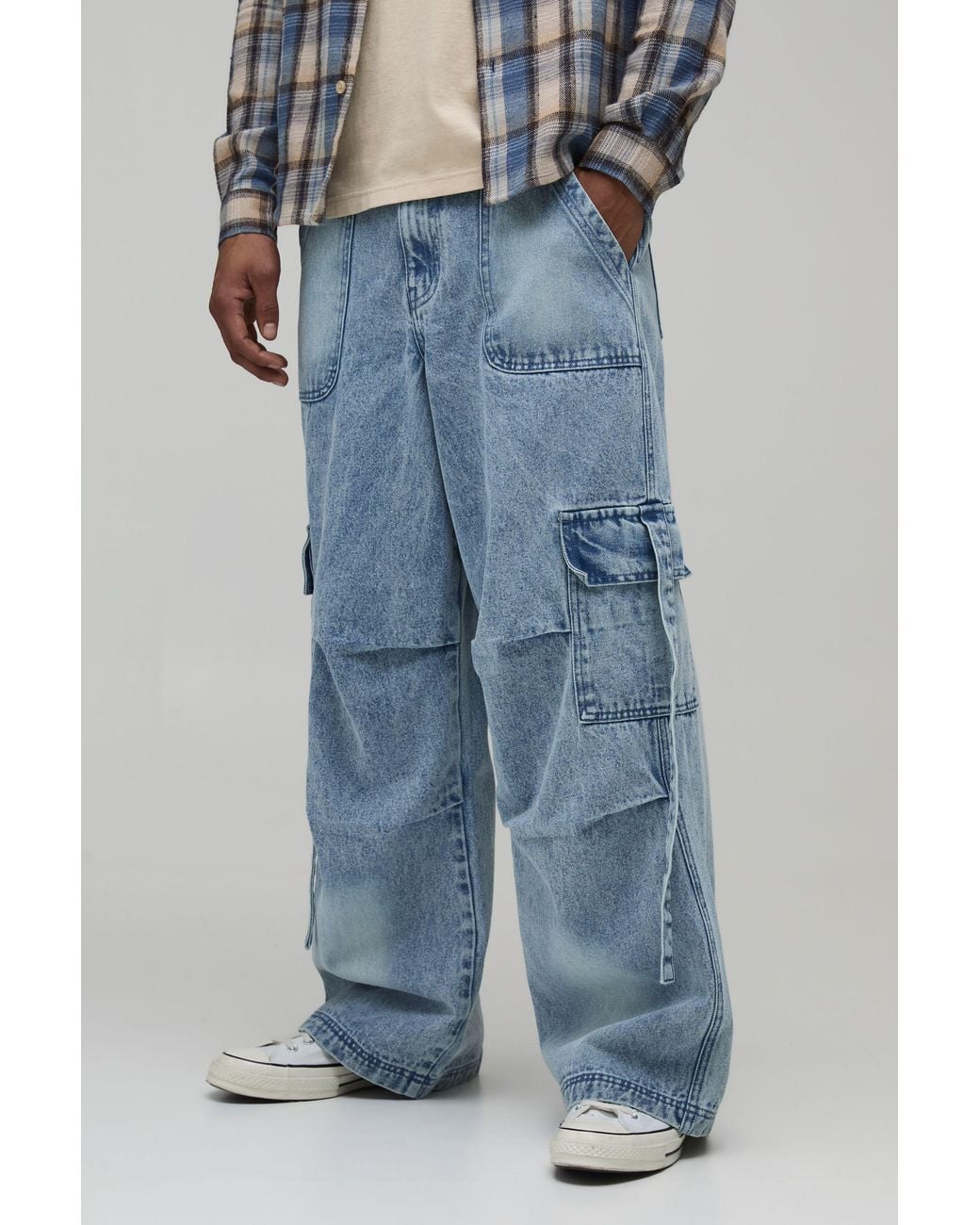 BoohooMAN Blue Washed Cargo Baggy Fit Jeans for men