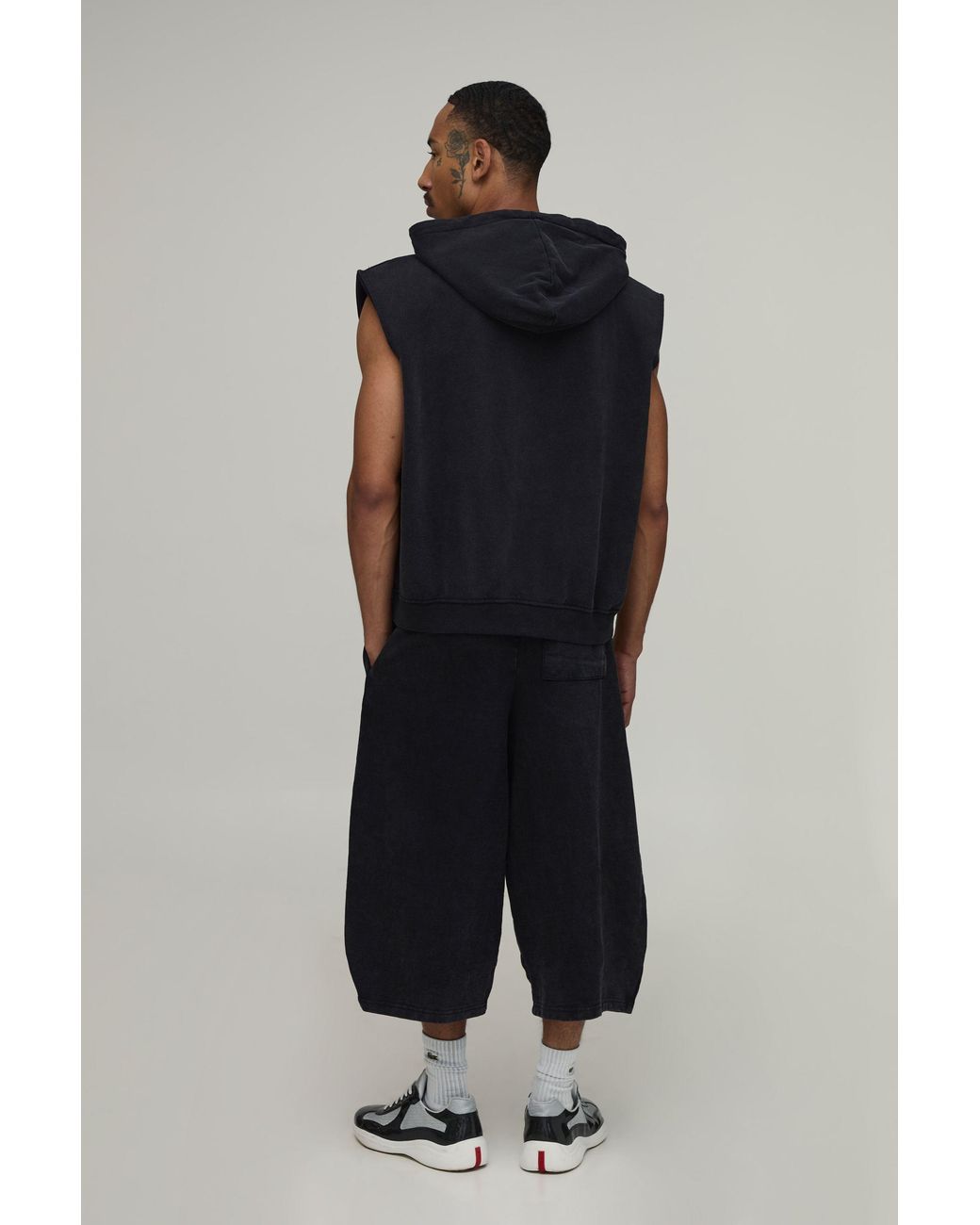 BoohooMAN Blue Oversized Boxy Sleeveless Padded Shoulder Wash Zip Hoodie for men