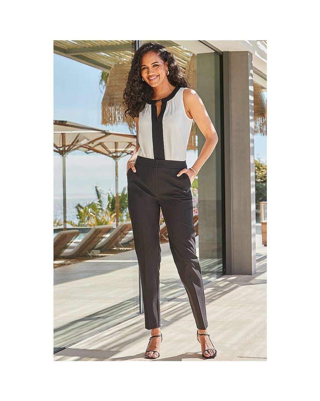 Sosandar White Ivory Contrast Trim Keyhole Detail Jersey Top