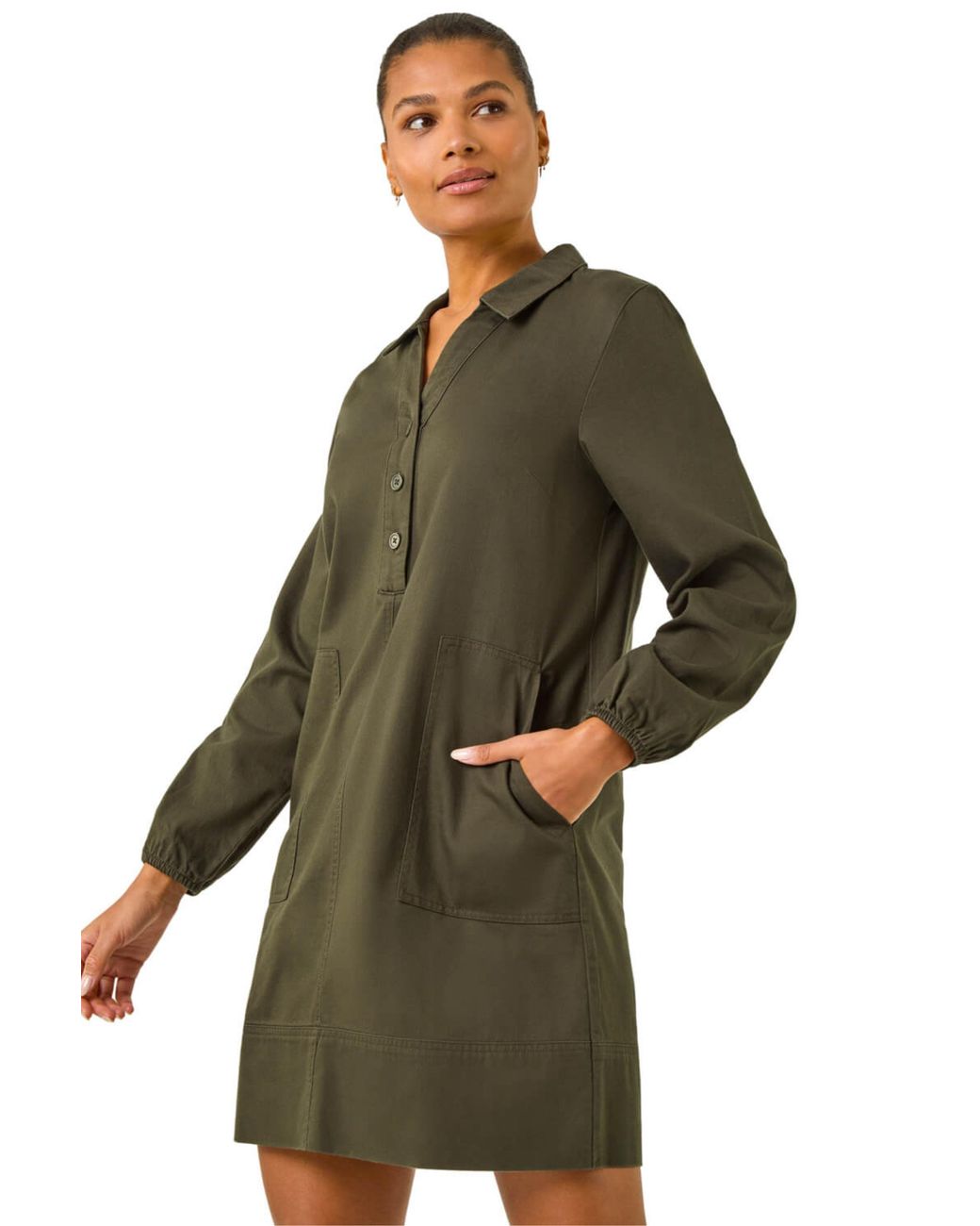 Roman Green Collared Shift Shirt Dress