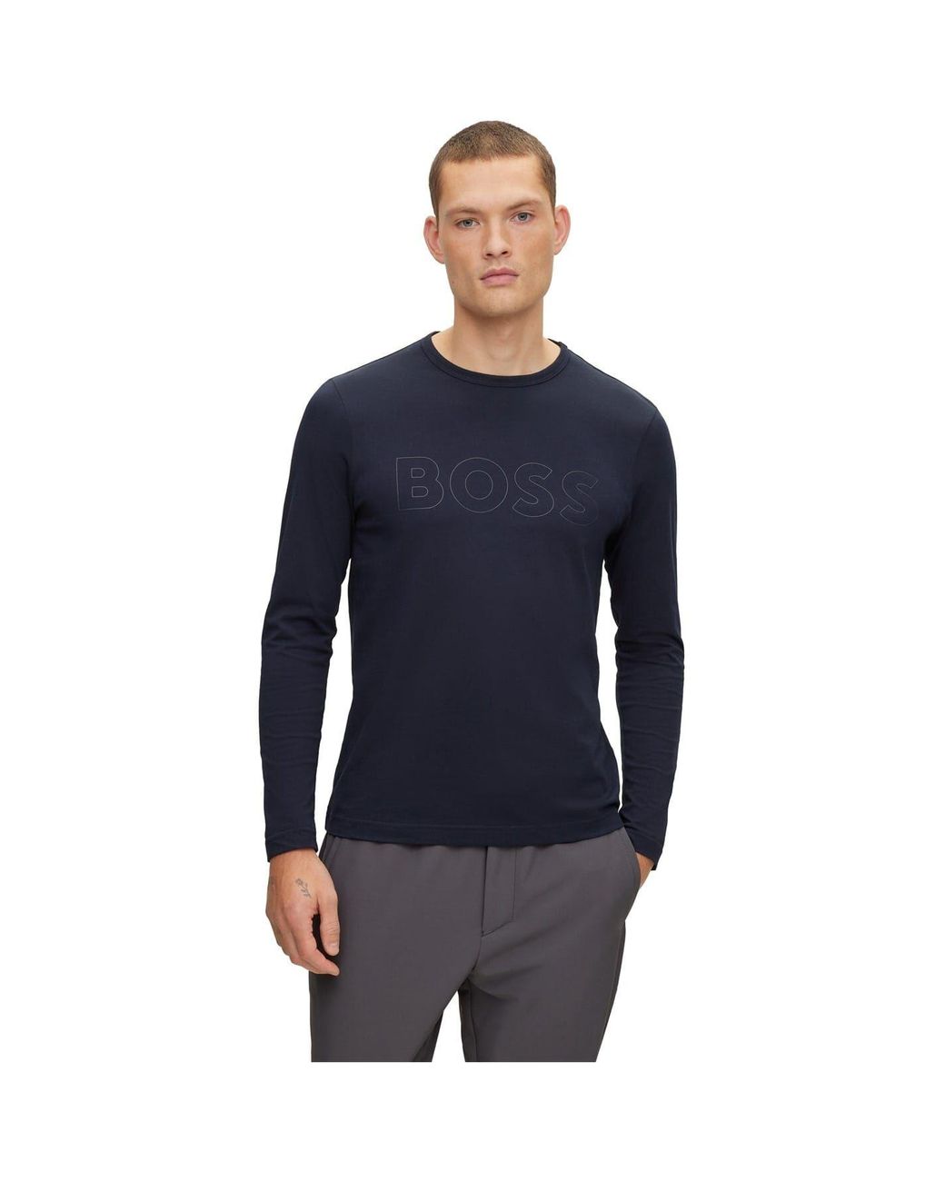 Boss Blue Crew Neck Long Sleeve Regular Fit T-Shirt for men