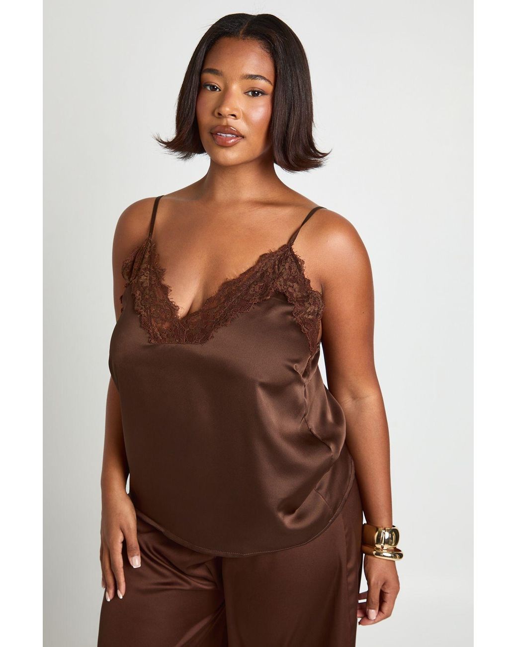 Boohoo Brown Plus Lace Trim Cami Top