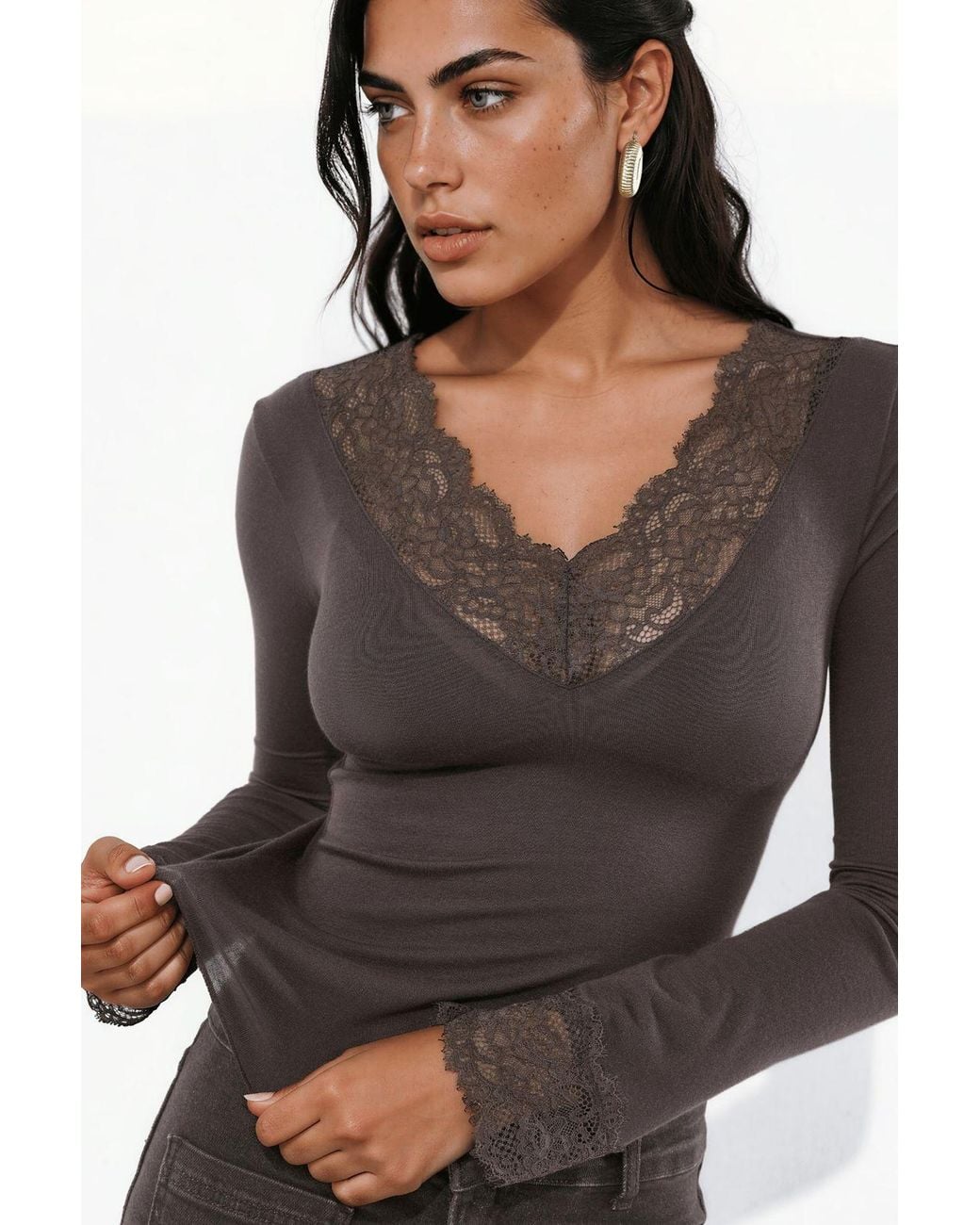 Hiccup Multicolor V-Neck Stretch Knit Top With Lace Detail