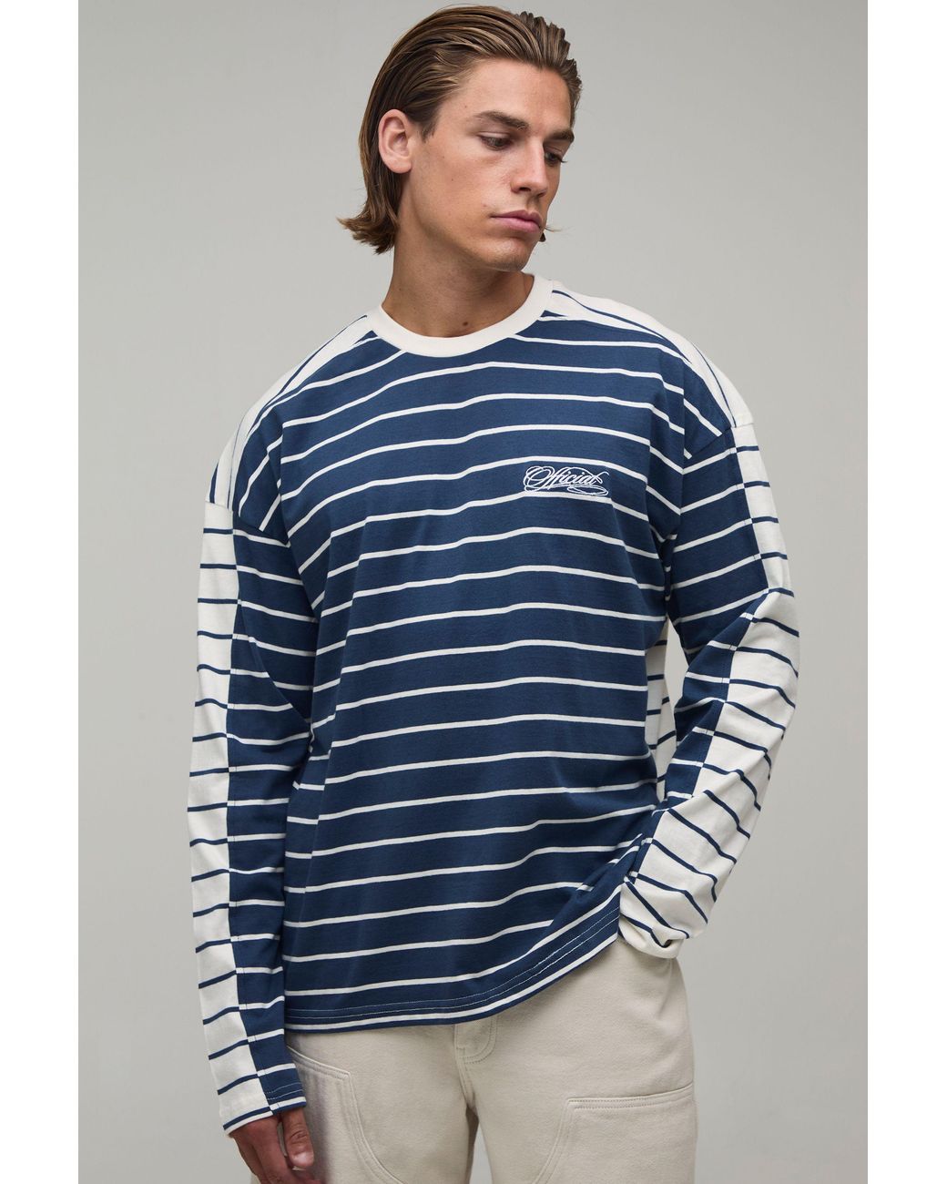 BoohooMAN Blue Contrast Stripe Long Sleeve T-Shirt for men