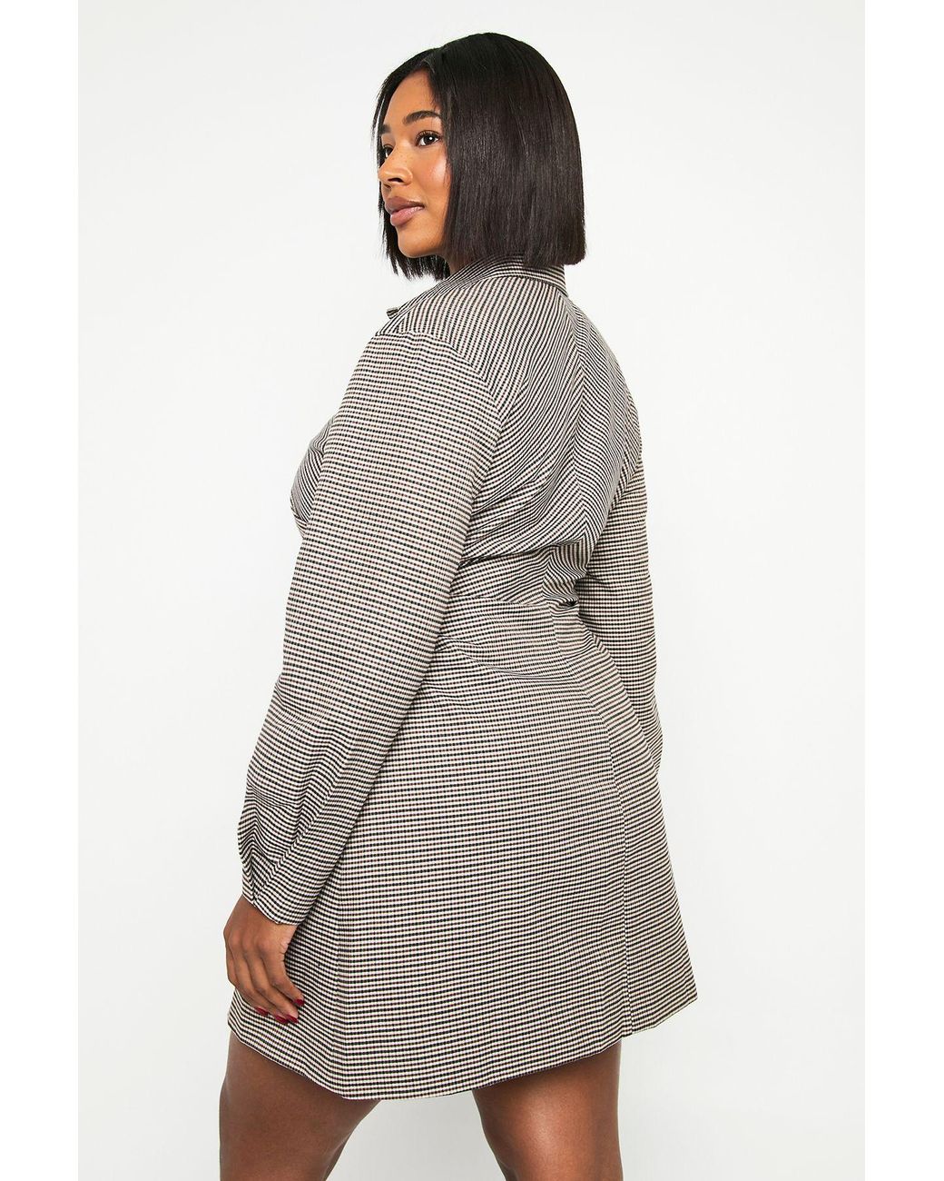 Boohoo Brown Plus Check Ruched Side Shirt Dress