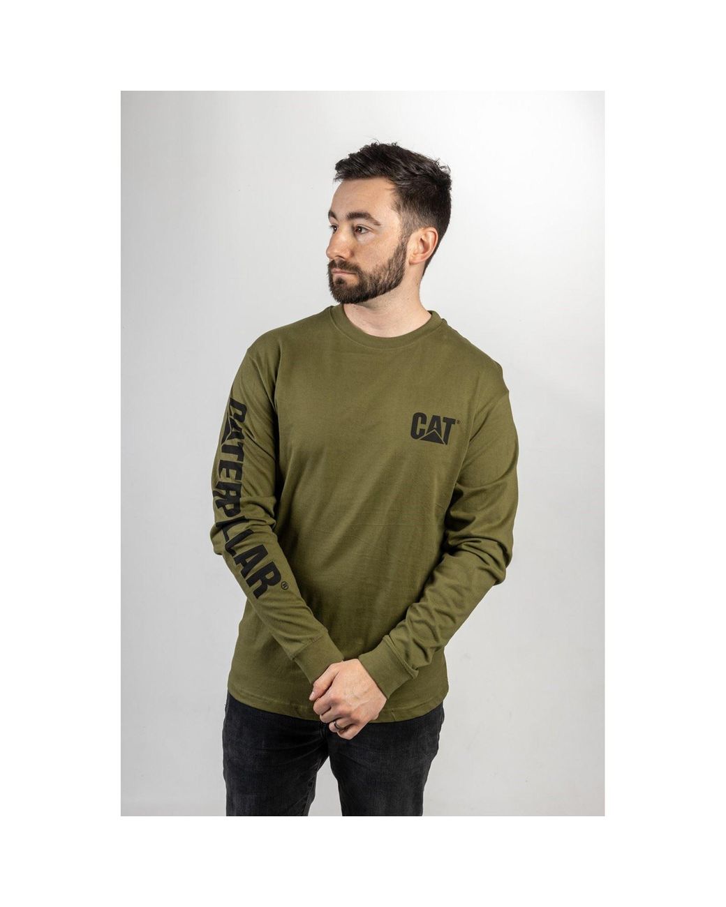 Caterpillar Green Trademark Banner Long Sleeve Cotton T-Shirt for men