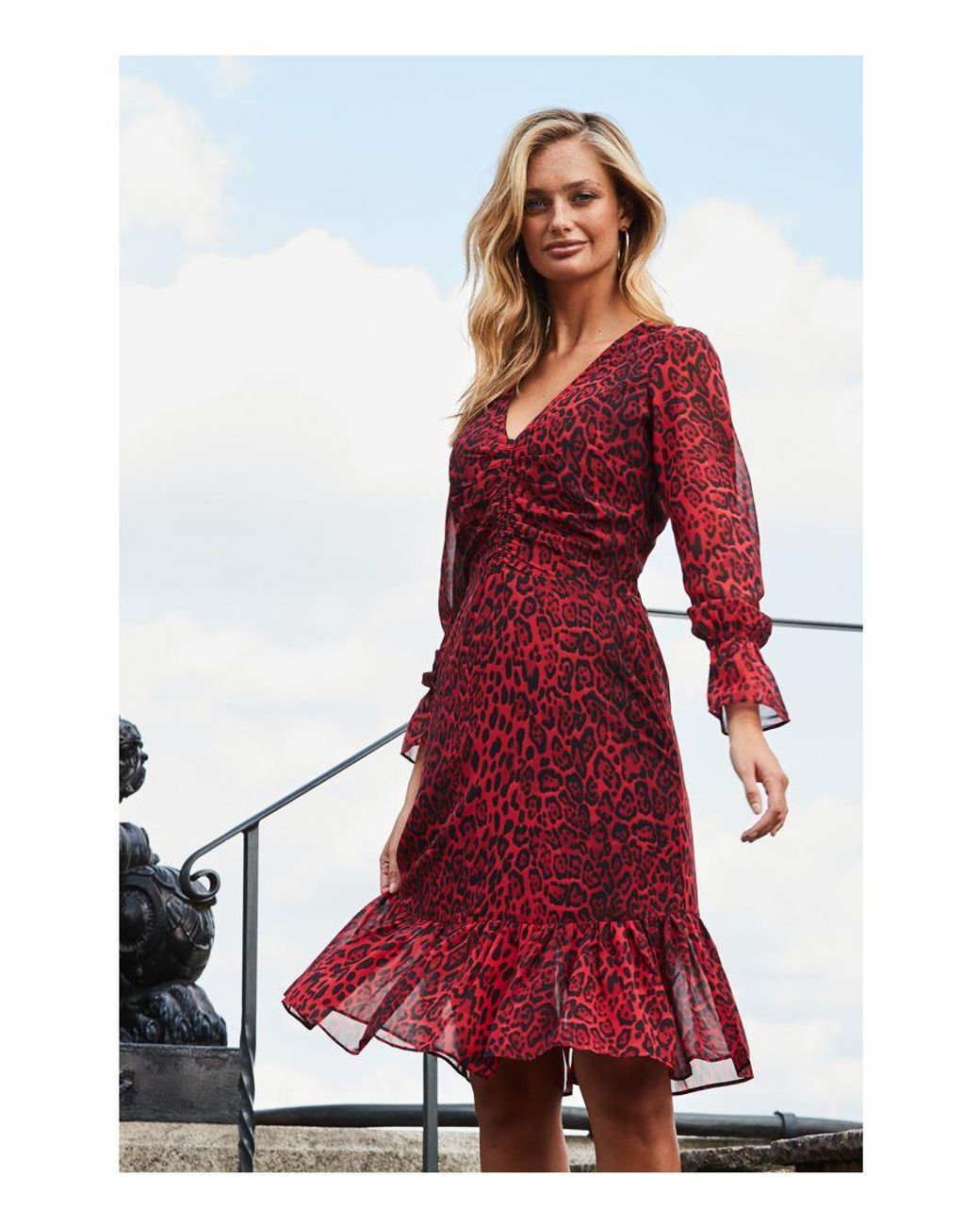Sosandar Red Leopard Print Fit & Flare Dress