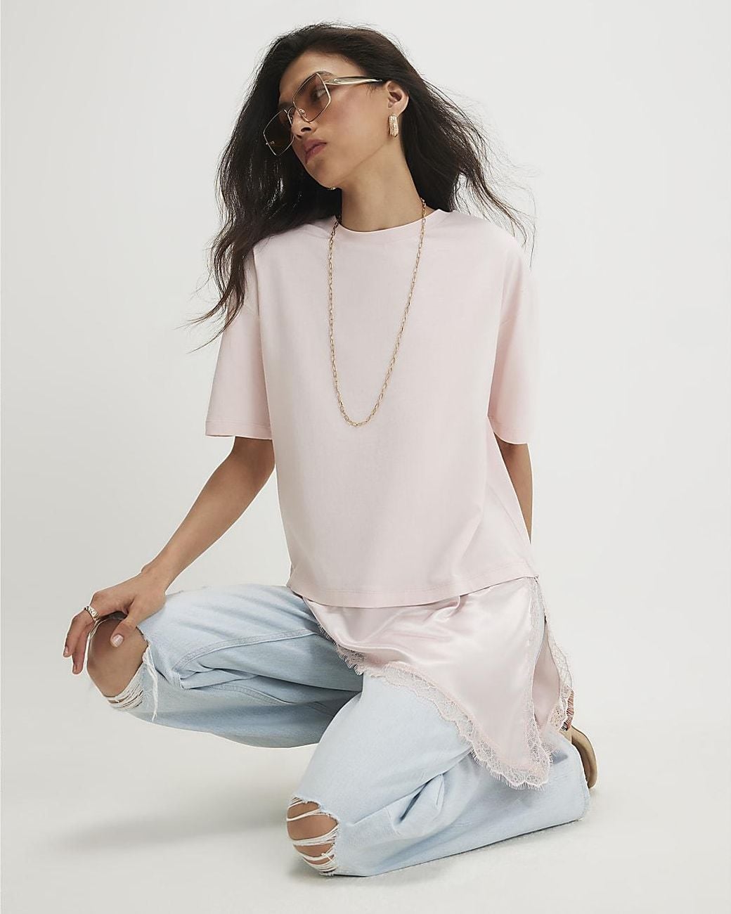 River Island Natural T-Shirt Cotton Lace Hem Asymmetric
