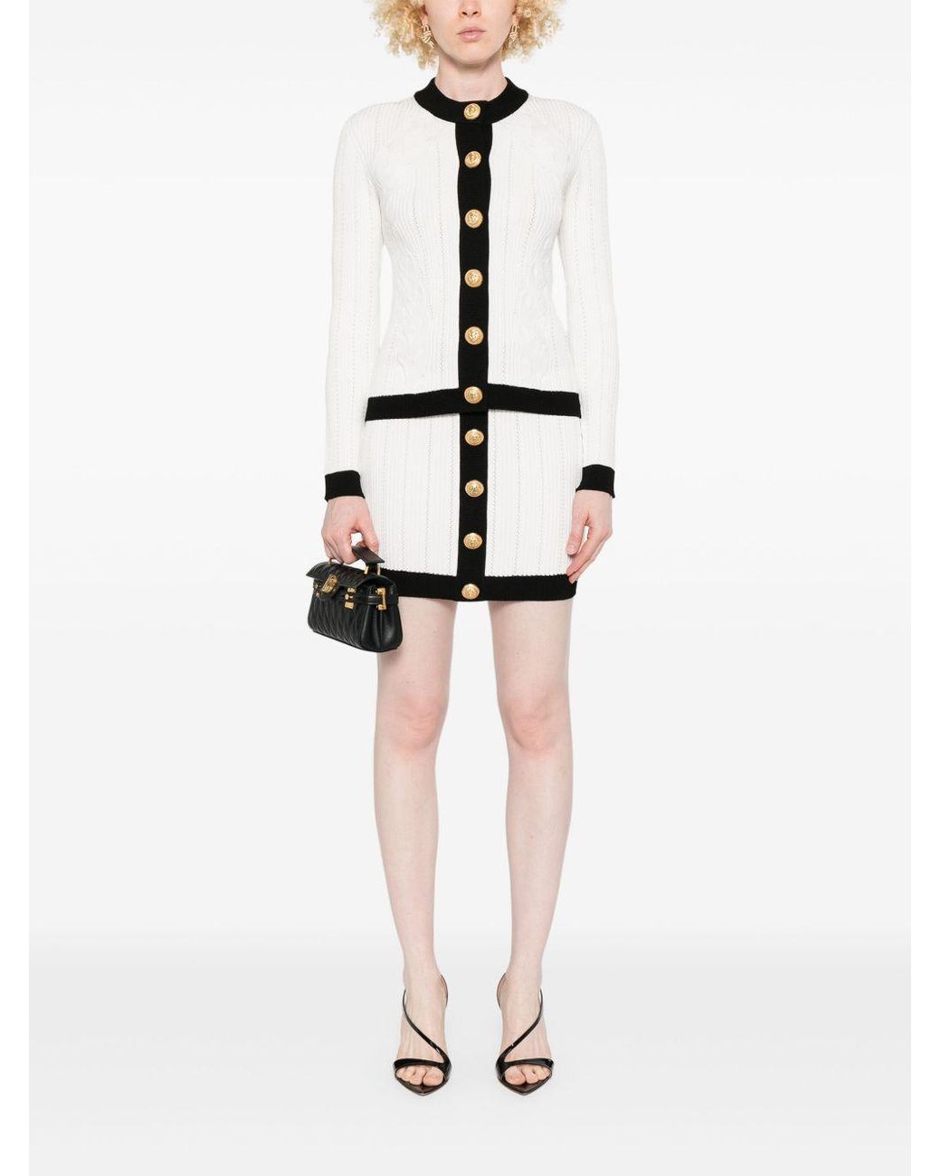 Balmain White Knitted Buttoned Mini Skirt