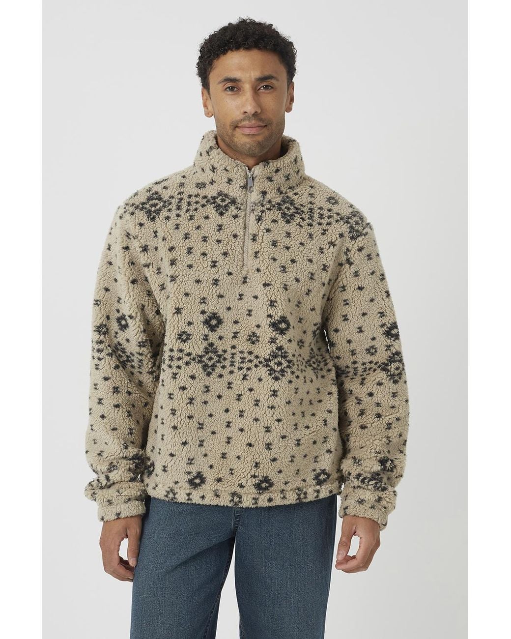 Brave Soul Natural Patterned Quarter Zip Borg Fleece for men