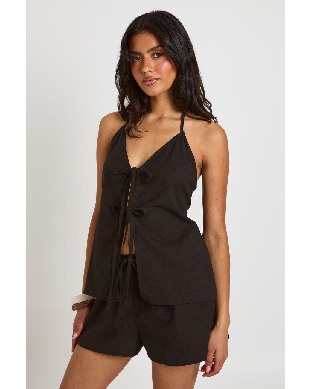 Boohoo Black Linen Look Tie Front Cami And Tie Side Short Co-Ord