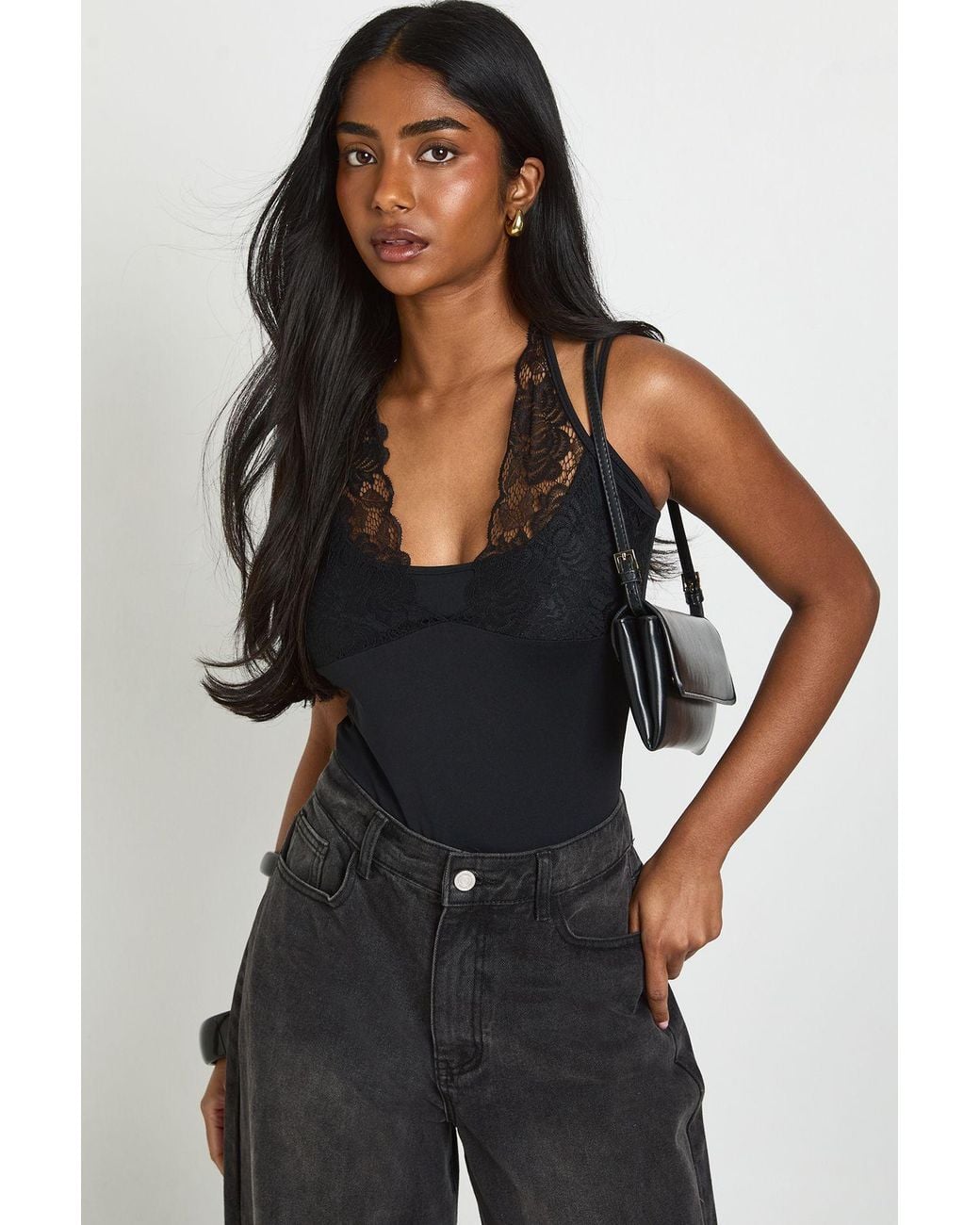 Boohoo Black Matte Slinky Lace Trim Halter Neck Bodysuit