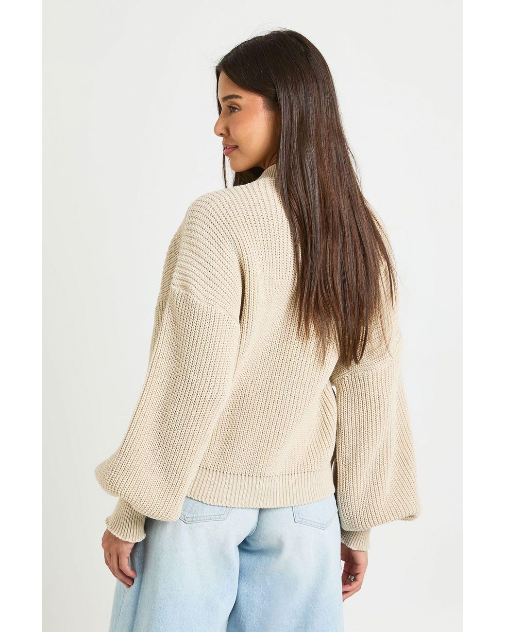 Boohoo Natural Balloon Sleeve Button Through Rib Cardigan