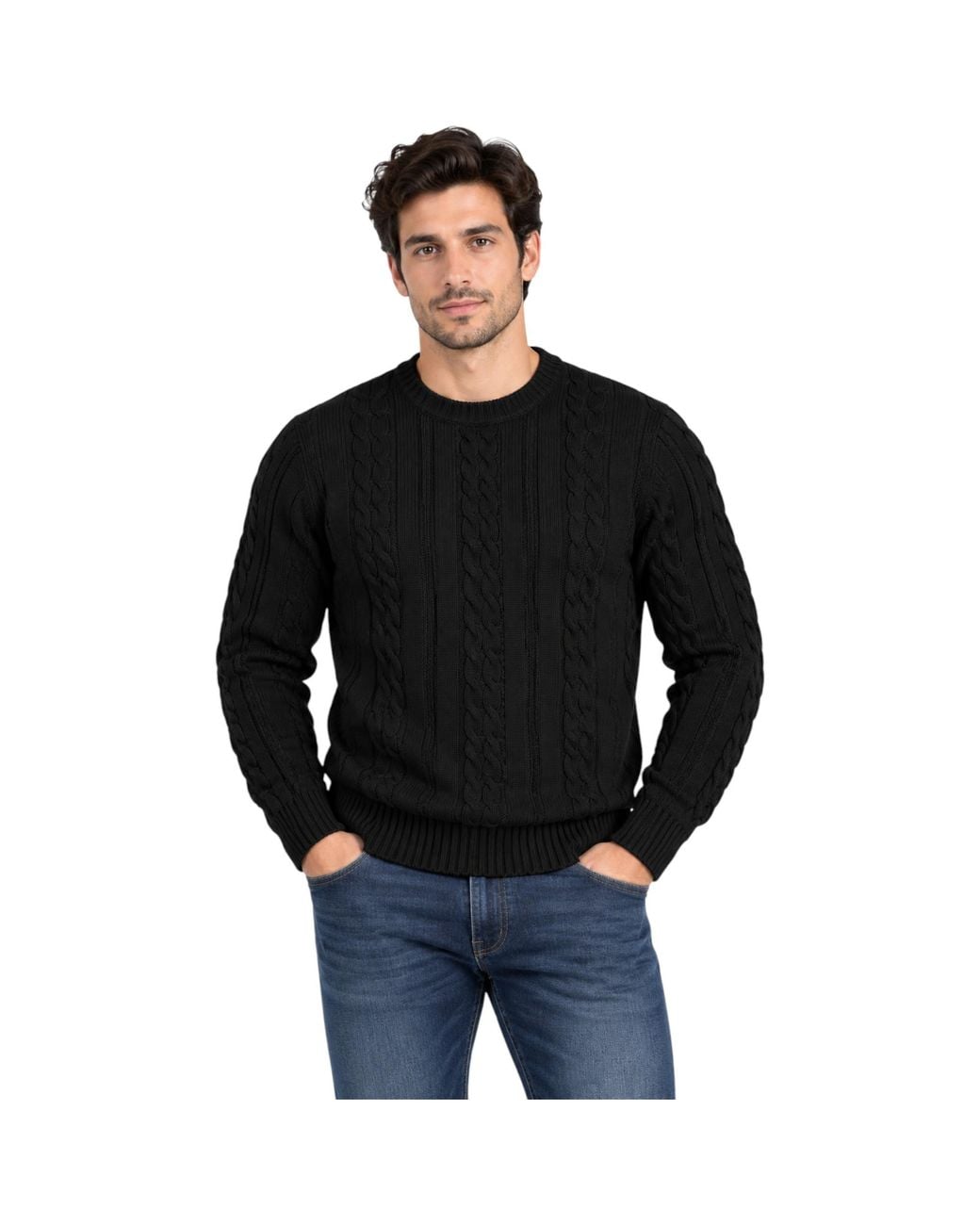 Marks & Spencer Black M&S Cable Knit Sweatshirt Chunky Crew Neck Pullover Cotton Warm Soft Jumper for men