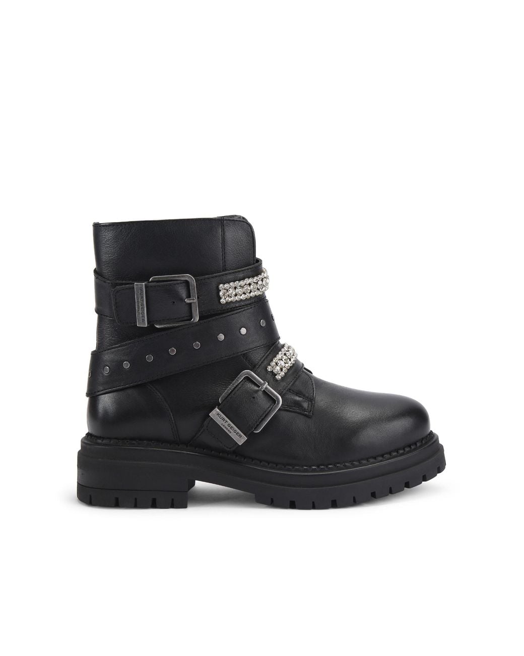 Kurt Geiger Black Leather Double Buckle Biker Boots
