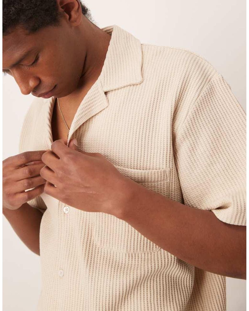 SELECTED Brown Co-Ord Revere Collar Waffle Shirt for men
