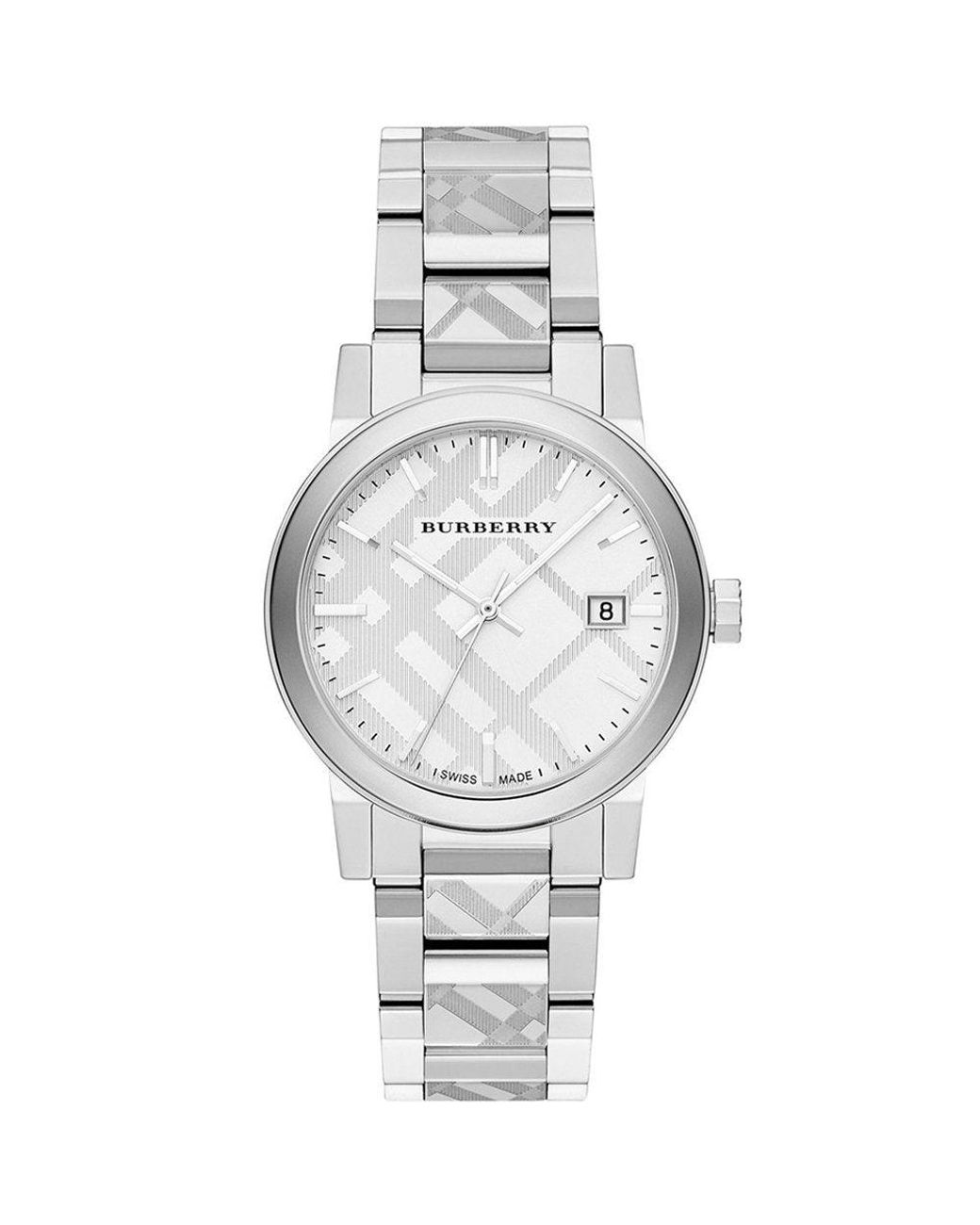 Burberry Metallic Bu9037 The City Engraved Checked Steel Watch