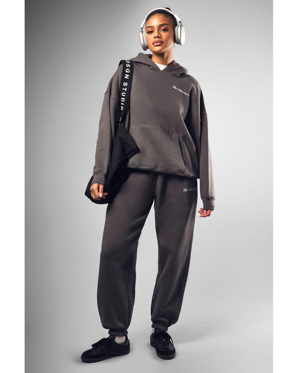 Boohoo Text Print Slogan Hooded Tracksuit in Grey Lyst UK