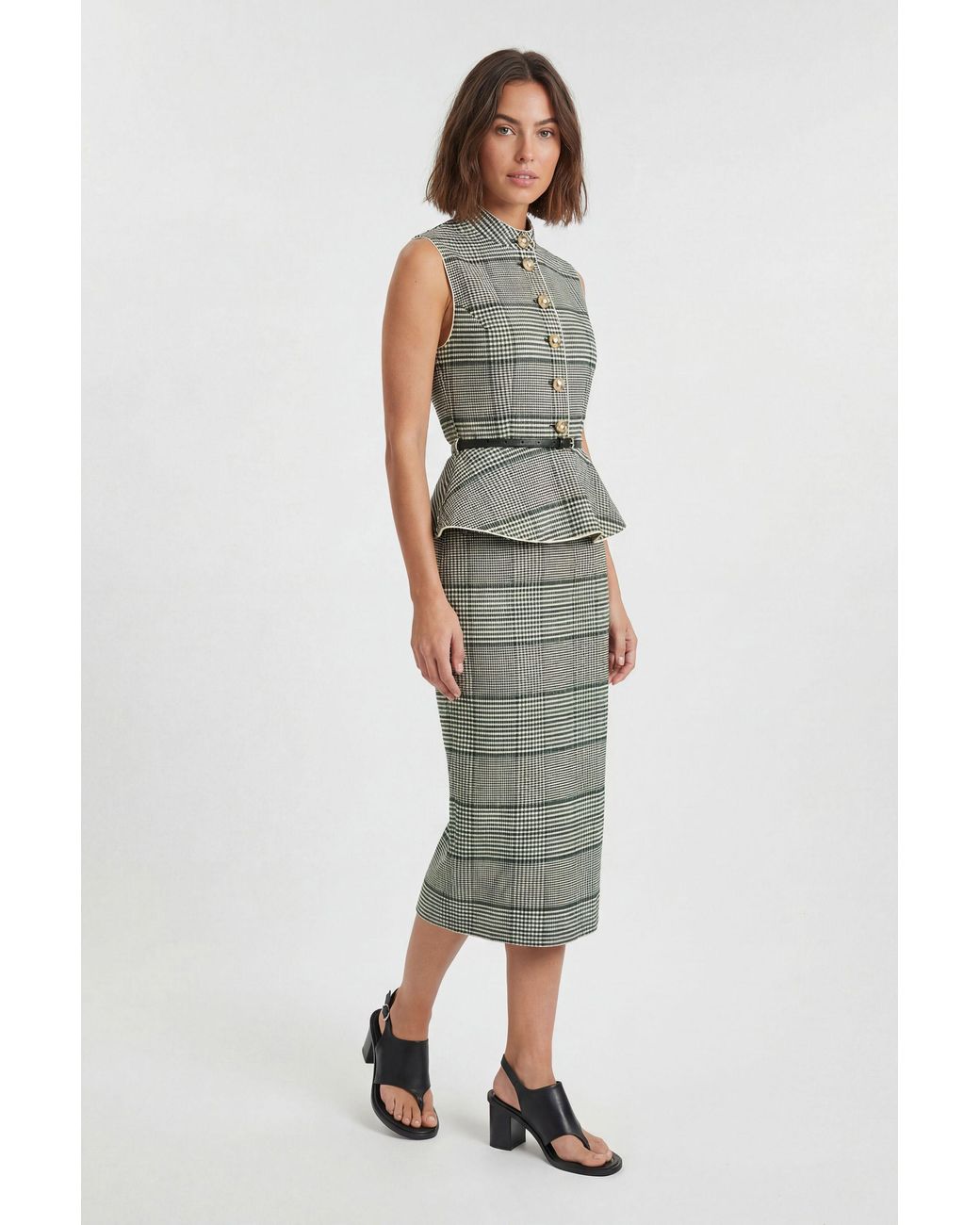 Karen Millen Multicolor Petite Tailored Check Peplum Belted Midi Dress