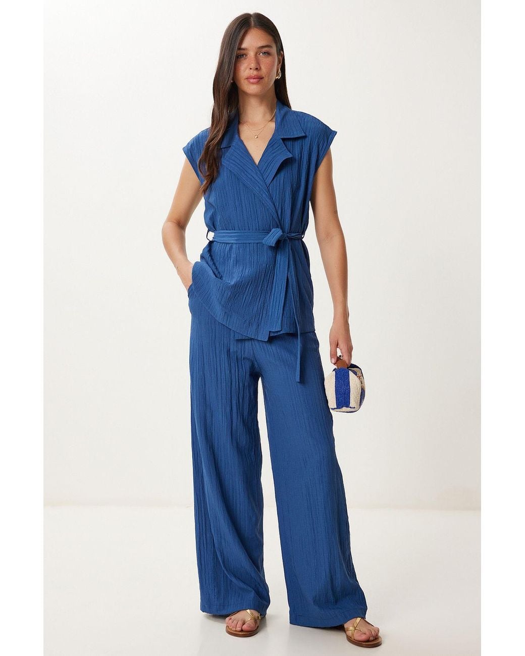 Happiness İstanbul Blue High Waist Two-Piece Set With Shirt Collar And Wide Leg Pants