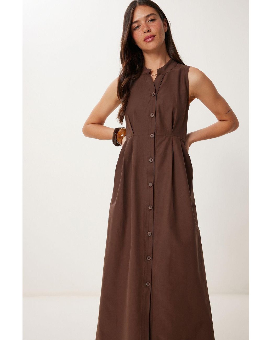 Happiness İstanbul Brown Mandarin Collar Sleeveless A-Line Midi Dress