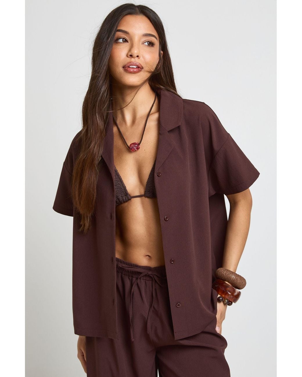 Boohoo Brown Essentials Oversized Textured Short Sleeve Beach Shirt