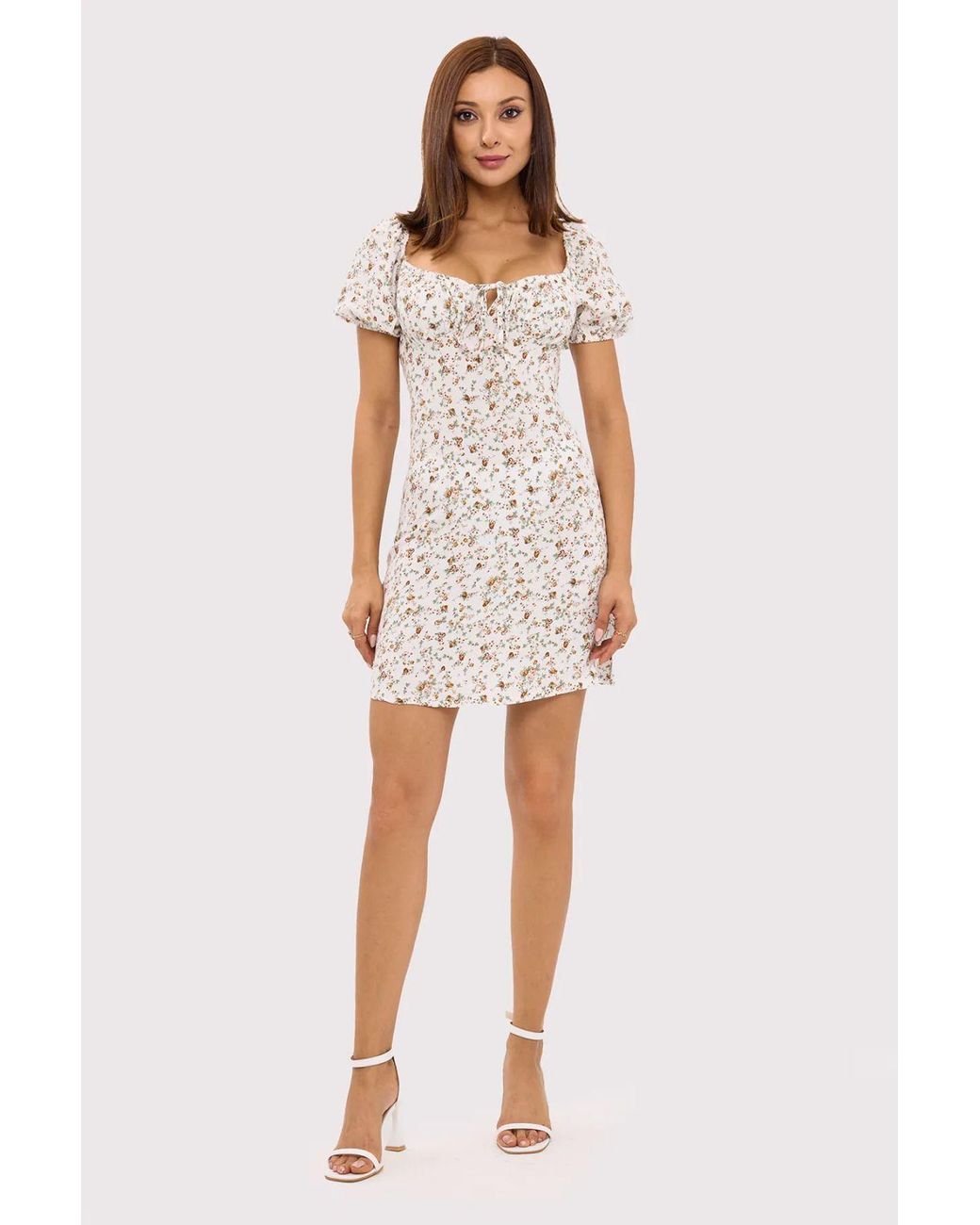 Hiccup White Floral Sweetheart Neck Mini Dress With A Balloon Sleeves