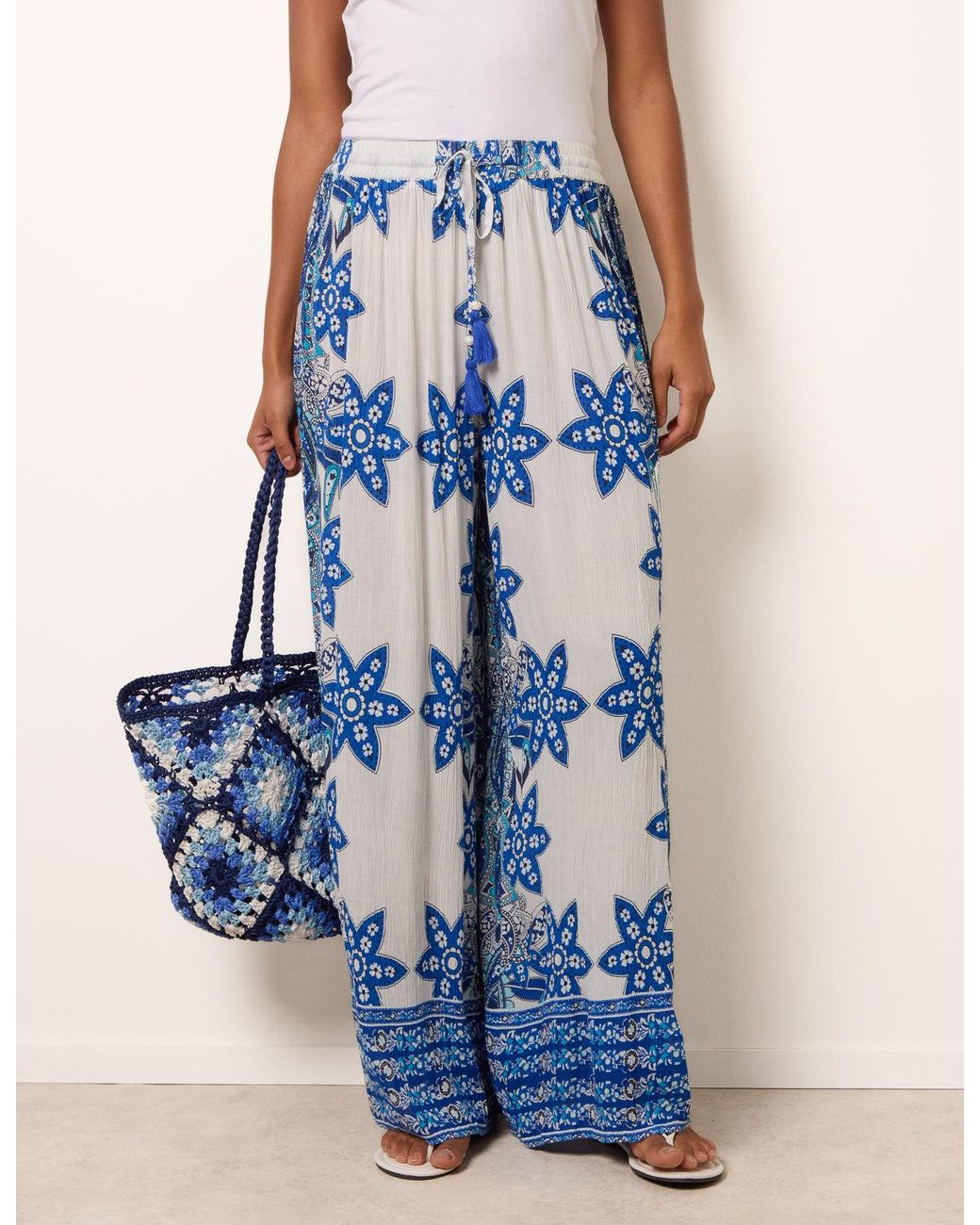 Blue Vanilla Blue Paisley Floral Wide Leg Printed Trousers