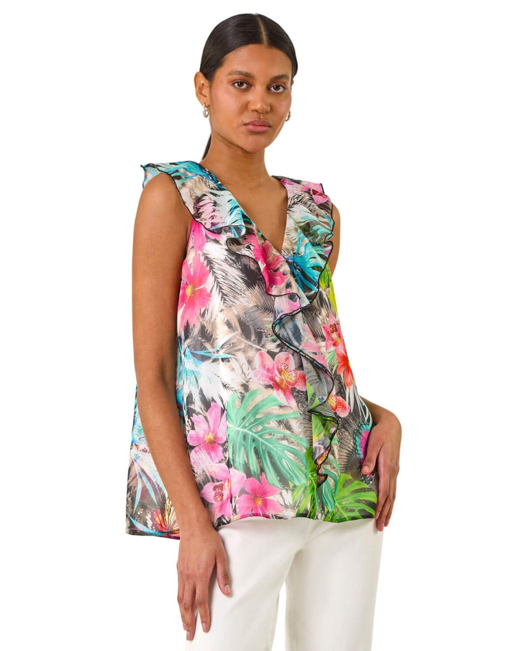 Roman Red Tropical Print Ruffle Front Vest