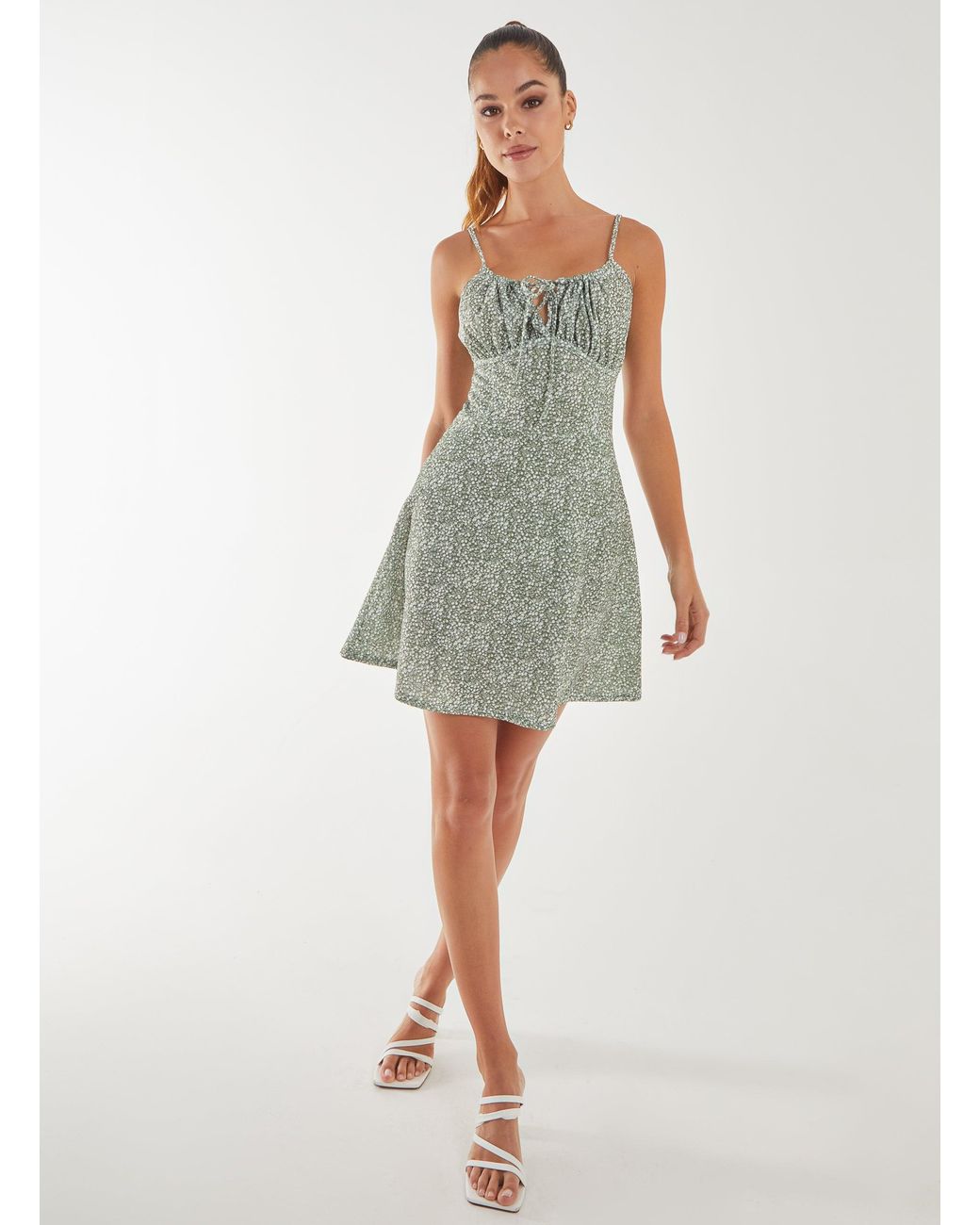 Pink Vanilla Green Ditsy Corset Detail Skater Dress