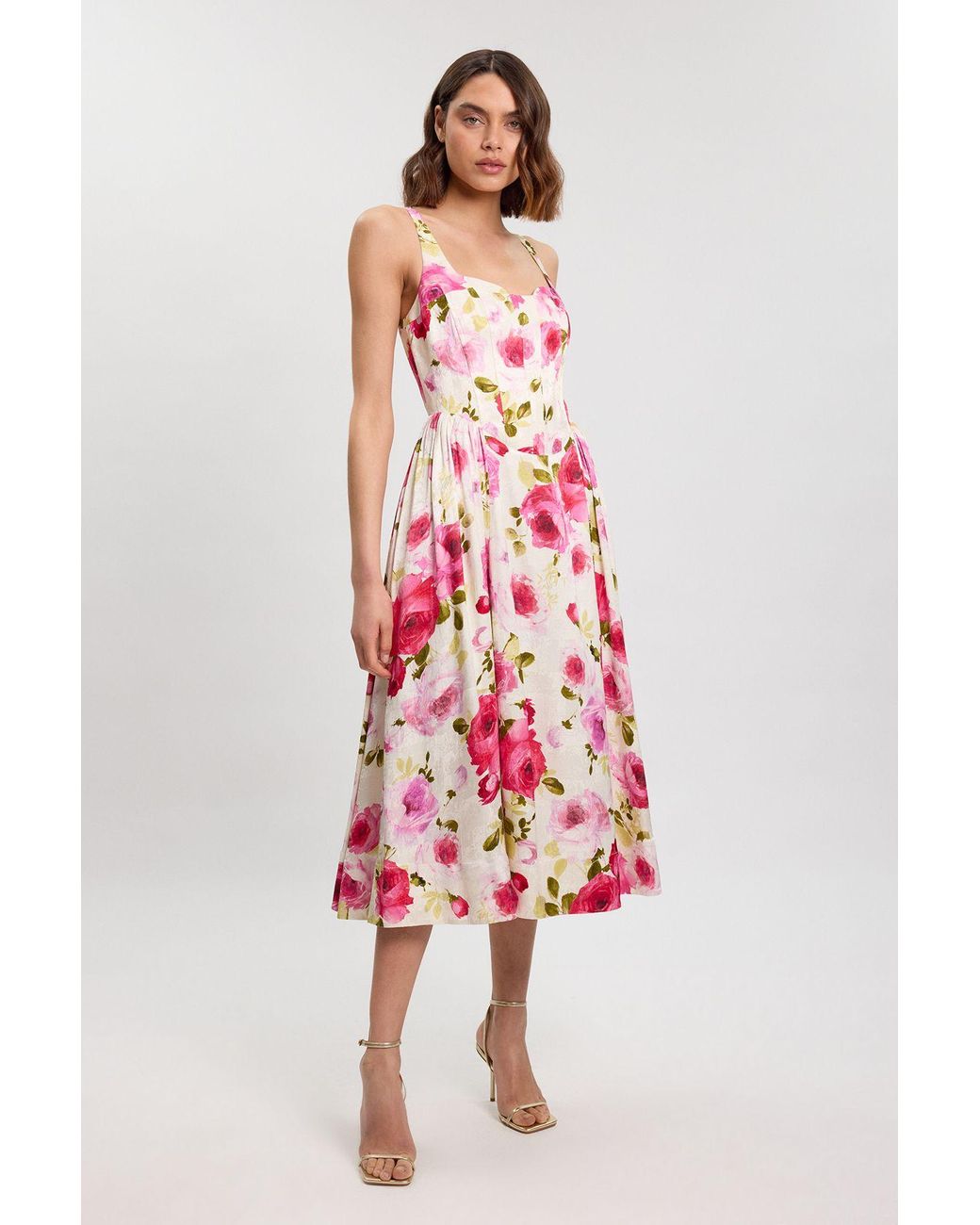 Karen Millen Scattered Cotton Poplin Boned Detail Woven Maxi Prom Dress