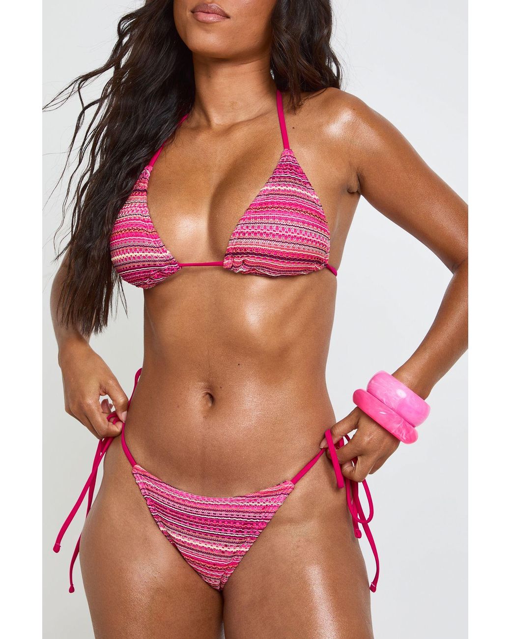 Boohoo Pink 3 Piece Triangle Bikini Top And Tie Side Bottom And Sarong Set