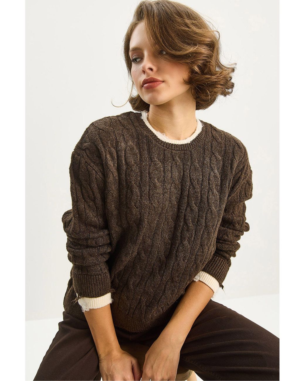 Bianco Lucci Brown Hair Braid Patterned Sweater